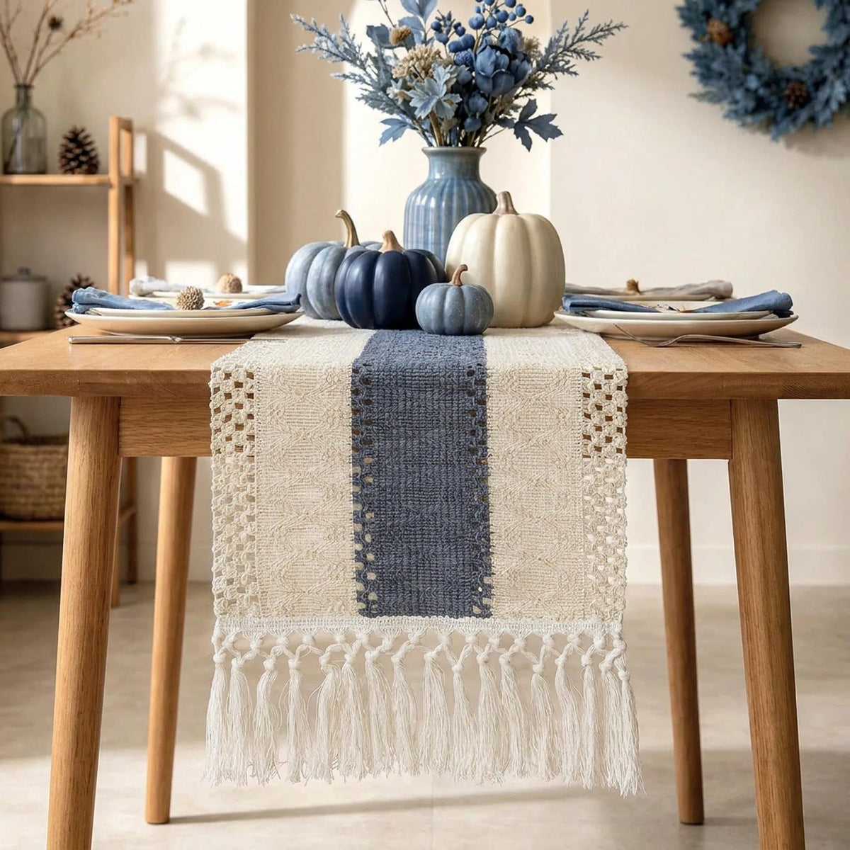 yuboo 36" Boho Macrame Table Runner, Short Cream Coffee Runner, Nightstand