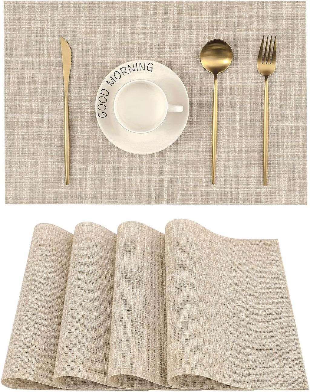 Leetaltree Beige Placemats Set of 4 - Heat-Resistant, Non-Slip Table Mats, Washable Woven Vinyl for Indoor & Outdoor Dining