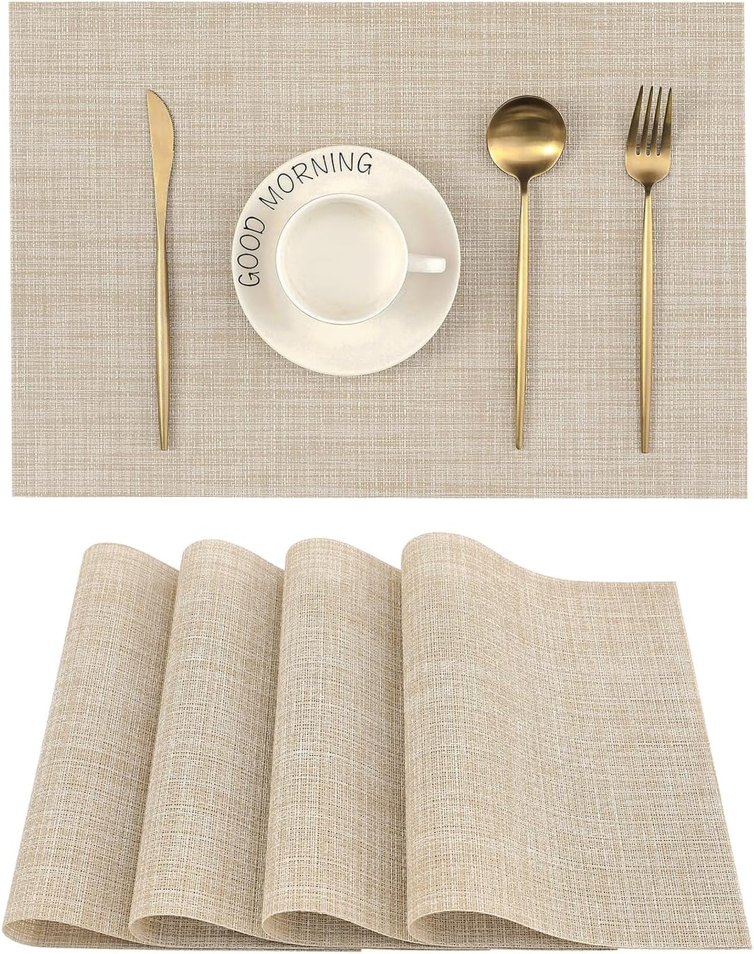 Leetaltree Beige Placemats Set of 4 - Heat-Resistant, Non-Slip Table Mats, Washable Woven Vinyl for Indoor & Outdoor Dining