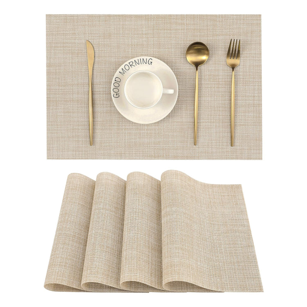 Leetaltree Beige Placemats Set of 4 - Heat-Resistant, Non-Slip Table Mats, Washable Woven Vinyl for Indoor & Outdoor Dining