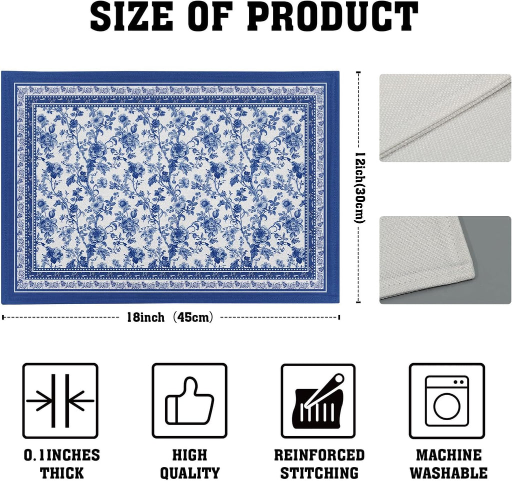Blue Floral Branches Placemats Set of 4 ，12 x 18 Inch Chinoiserie Table Mats Washable Heat Resistant Linen Fabric Rectangle Place Mat for Indoor Outdoor Kitchen Dining Home Decor