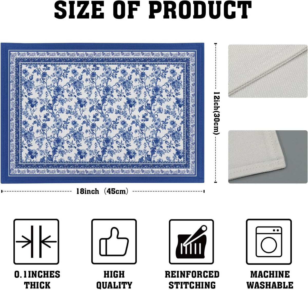 Blue Floral Branches Placemats Set of 4 ，12 x 18 Inch Chinoiserie Table Mats Washable Heat Resistant Linen Fabric Rectangle Place Mat for Indoor Outdoor Kitchen Dining Home Decor