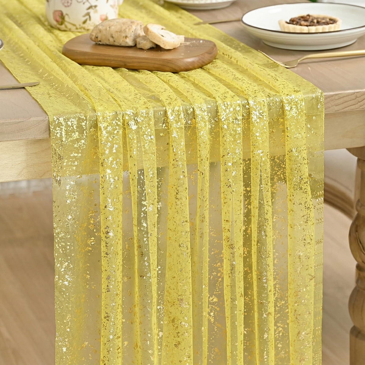 Artoid Mode 6Pcs Beige Gold Gauze Table Runner 120 Inch 10FT, Glitter Metallic Foil Sheer Dining Wedding Anniversary Holiday Birthday Table Decor for Home Party