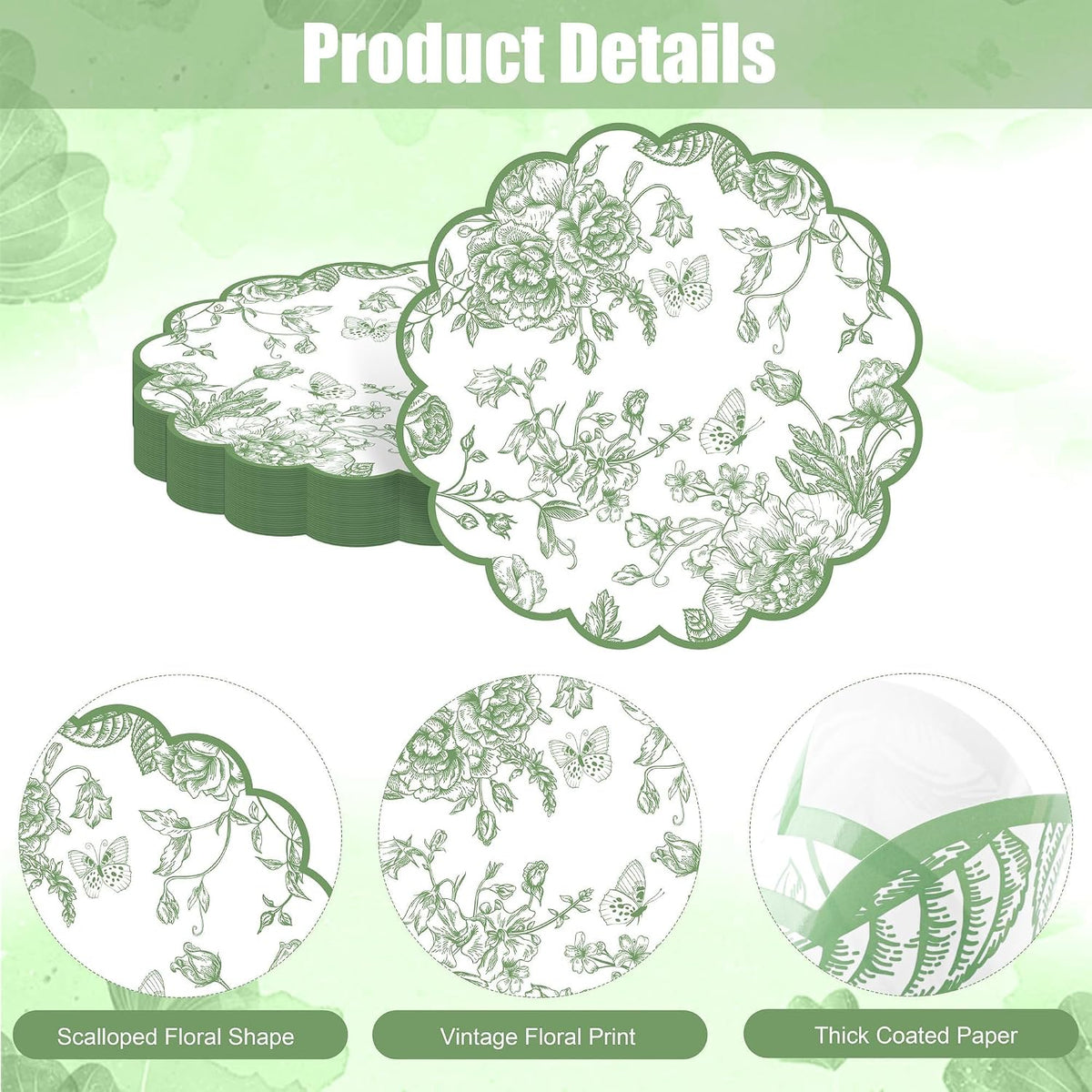 Kochorie Green Floral Paper Placemats 100 Pack, Disposable Scalloped Table Mats, Green Vintage Flower Paper Place Mat, 13.5 x 13.5 Inch for Weddings Bridal Showers Party Décor