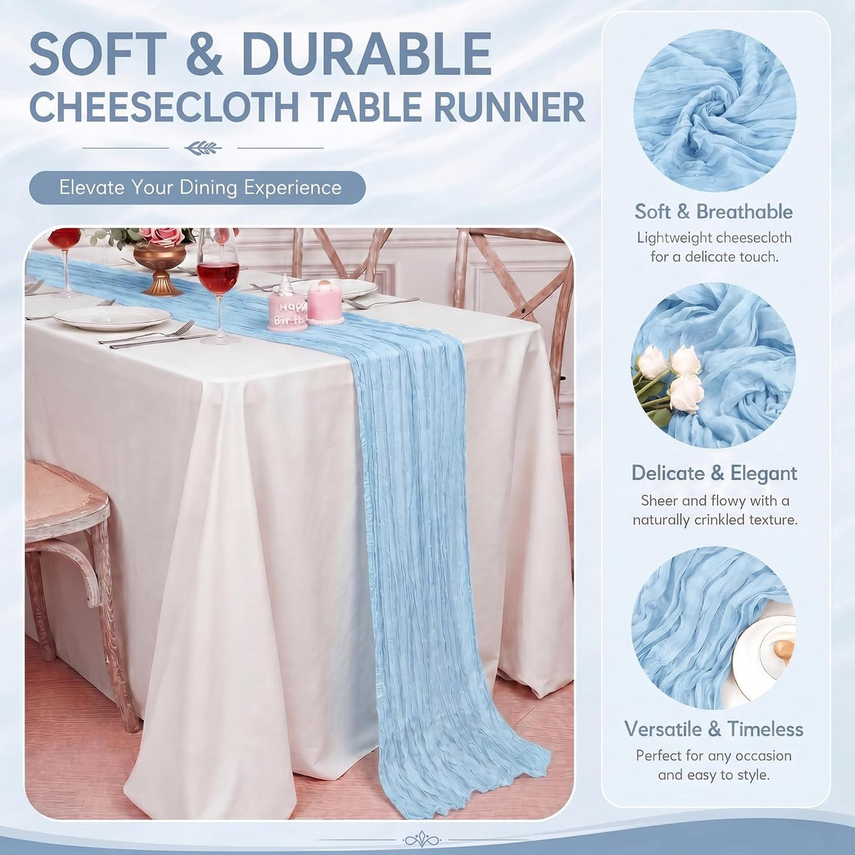 2 Pack Light Blue Cheesecloth Table Runner 17x108 Inch Boho Rustic Semi Sheer Gauze Cheese Cloth Table Runner for Wedding Bridal Shower Baby Shower Party Farmhouse Dining Table Decor