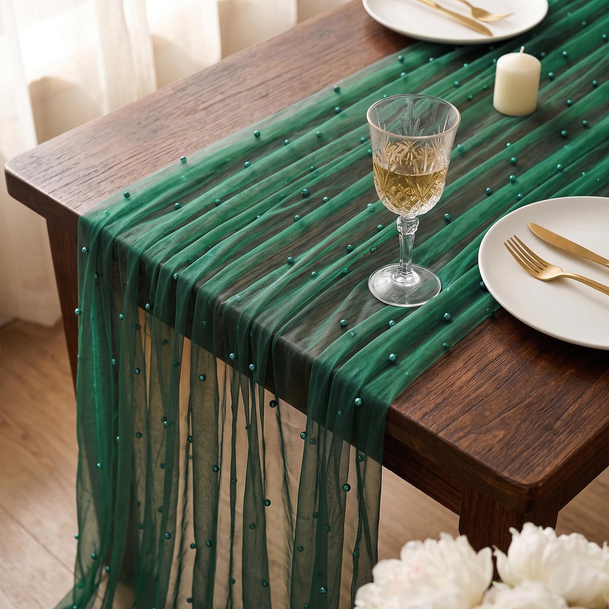 WELTRXE Pearl Table Runner 120 Inch 10FT, White Gauze Table Runners, Rustic Boho for Holiday Wedding Decor, Home Party ,Baby Shower, Birthday Party