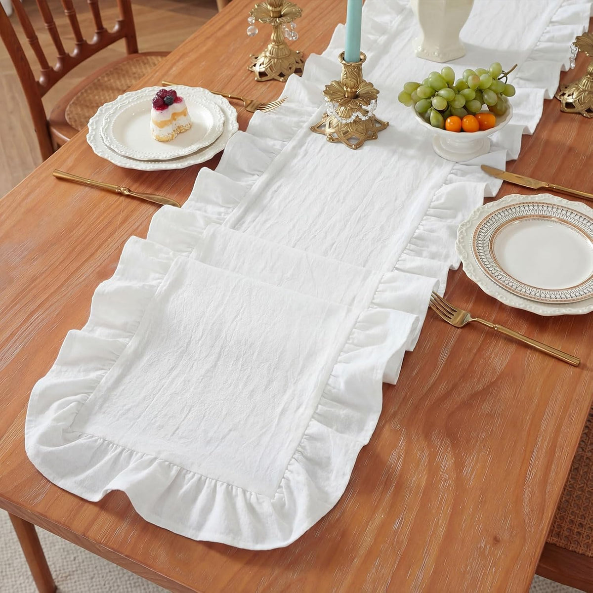 HunnmingRe Table Runner Farmhouse Ruffled Scalloped 14 x 72 Inch, White