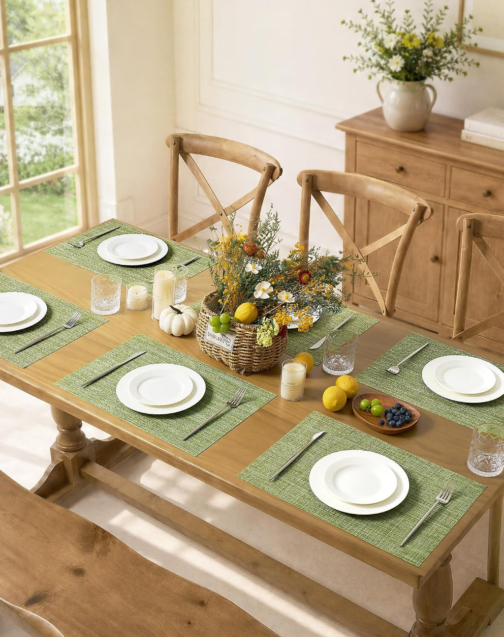 Leetaltree Bean Green Woven Placemats Set of 8 - Heat Resistant Non-Slip Place Mats for Dining Table, Washable Durable PVC Table Mats(Bean Green, 8)