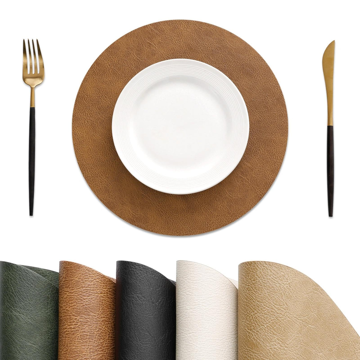 MOSAYT Fall Vinyl Faux Leather Placemats, Set of 6, Reddish Brown