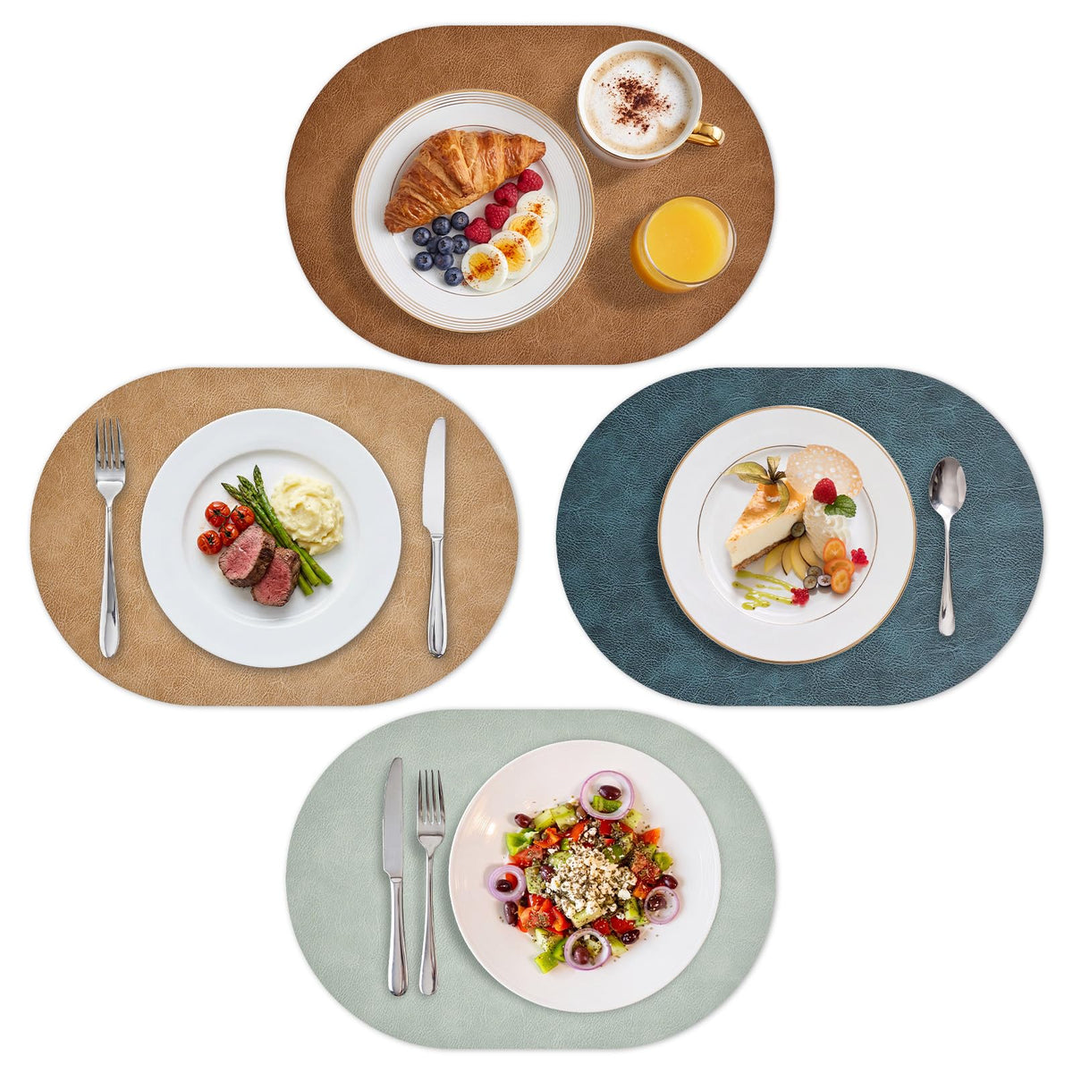 MOSAYT Vinyl Faux Leather Oval Placemats, Set of 6, Reddish Brown