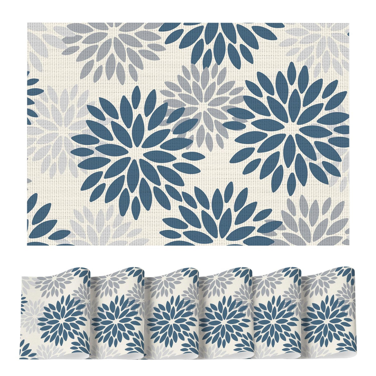 Artoid Mode Floral Vinyl Plistic Placemats Set of 6, Heat Resistant Washable Non-Slip PVC Place Mats for Party Kitchen Dining Decor, Blue Grey