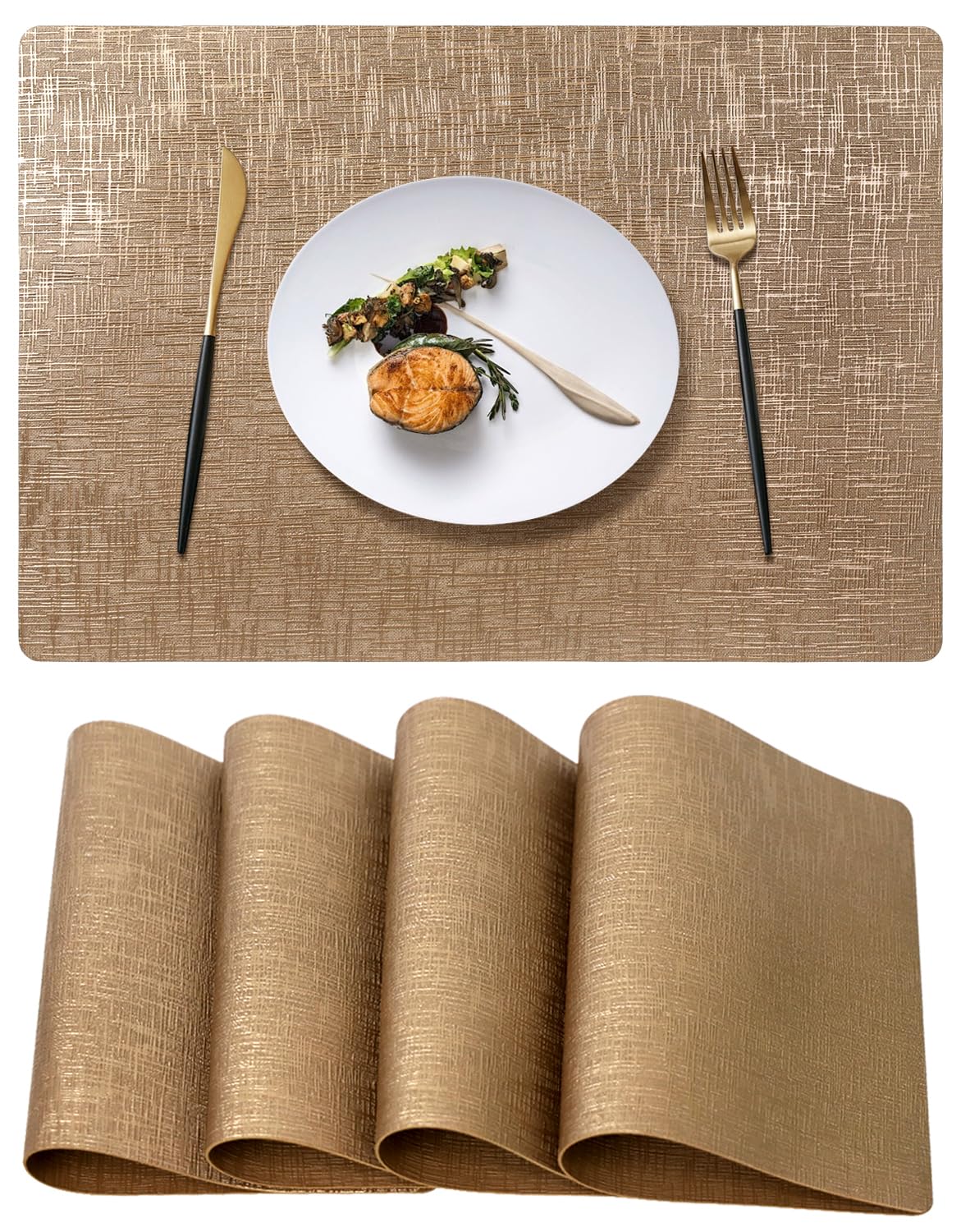 Placemats, Placemats Set of 6, Table Place Mats for Kitchen Dining, Heat-Resistant Anti-Skid Stain Washable PVC Table Mats, Easy to Cleaning Woven Vinyl Dinner Mats (Gold)