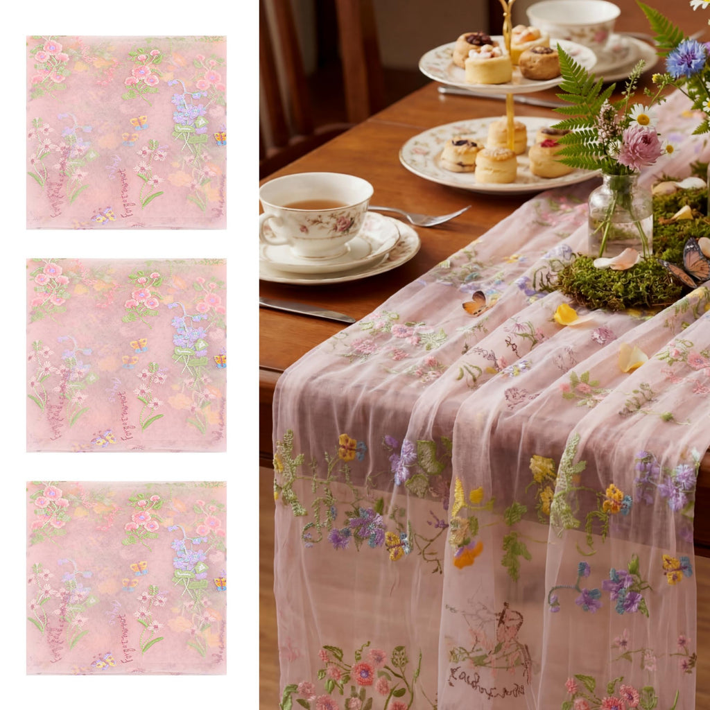 Ivory White Floral Table Runner 10ft Embroidery Tulle Wildflower
