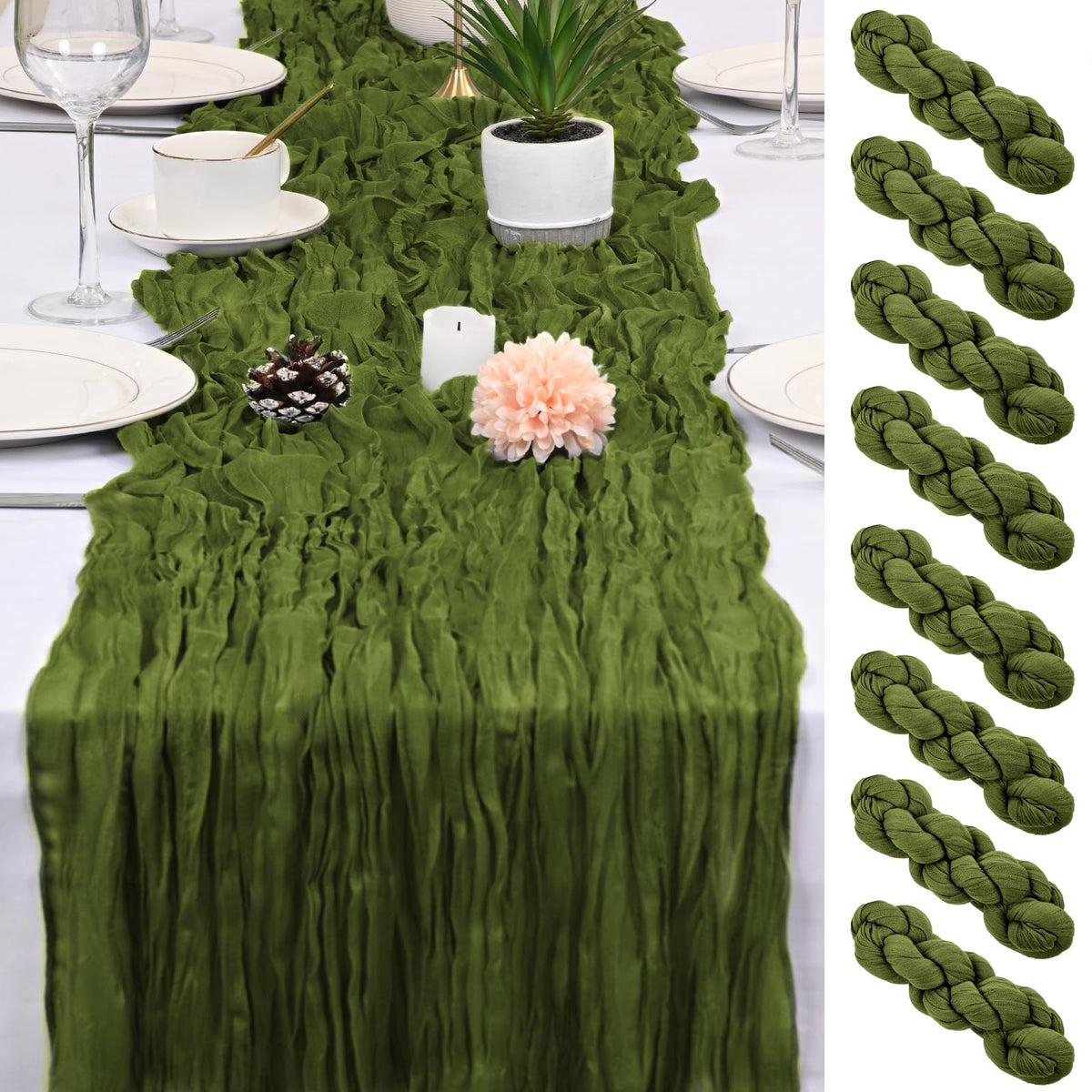 8 Pack Sage Green Cheesecloth Table Runner 17x108 inch Boho Gauze Cheese Cloth Table Runners for Wedding Party Baby Bridal Shower Home Decor