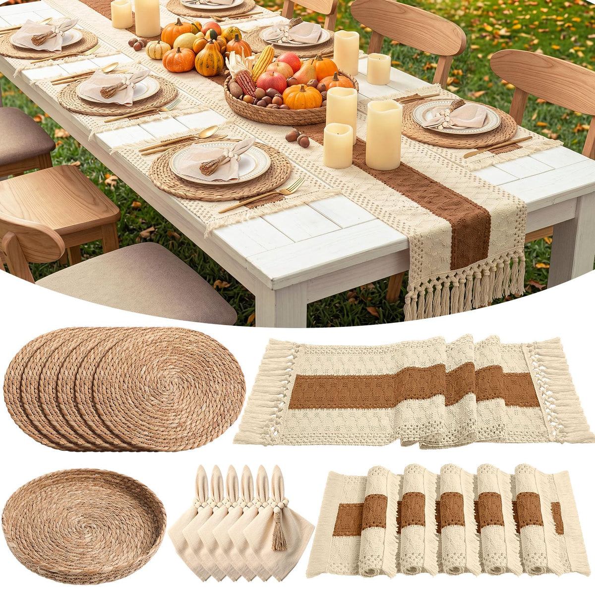 6 Sets Dining Table Decoration Boho Placemat, Khaki, 12x72