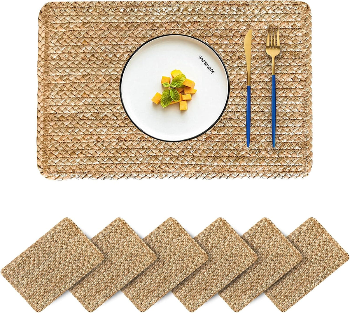 Woven Placemats Set of 6 Rattan Placemats Rectangle Natural Placemats Wicker Heavy Braided Straw Placemat Farmhouse Square Plates Place mats for Indoor/Outdoor Patio Table 17.7'' X 11.8''