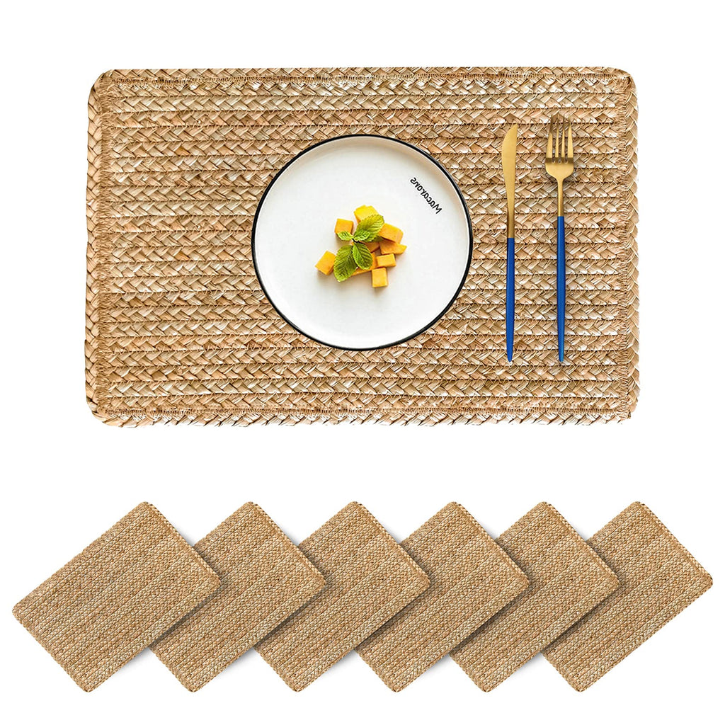 Woven Placemats Set of 6 Rattan Placemats Rectangle Natural Placemats Wicker Heavy Braided Straw Placemat Farmhouse Square Plates Place mats for Indoor/Outdoor Patio Table 17.7'' X 11.8''