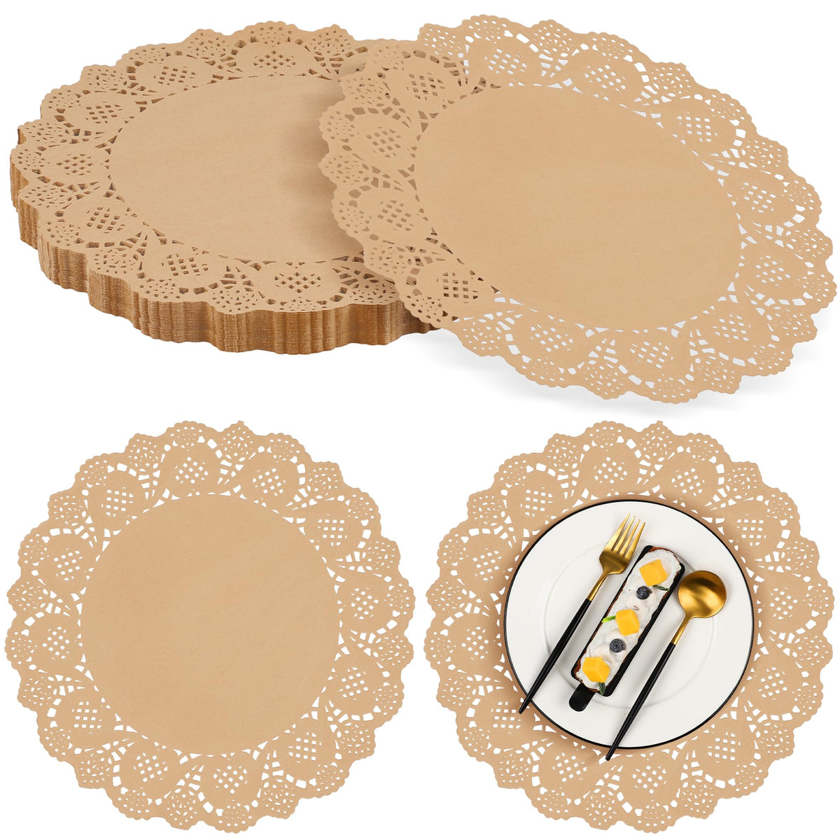 MCEAST 100 Pack Round Brown Kraft Paper Doilies 13.5 Inches Lace Paper Place Mats Rustic Scallop Doily Disposable Table Pads for Food Cakes Crafts Party Weddings Tableware Decor