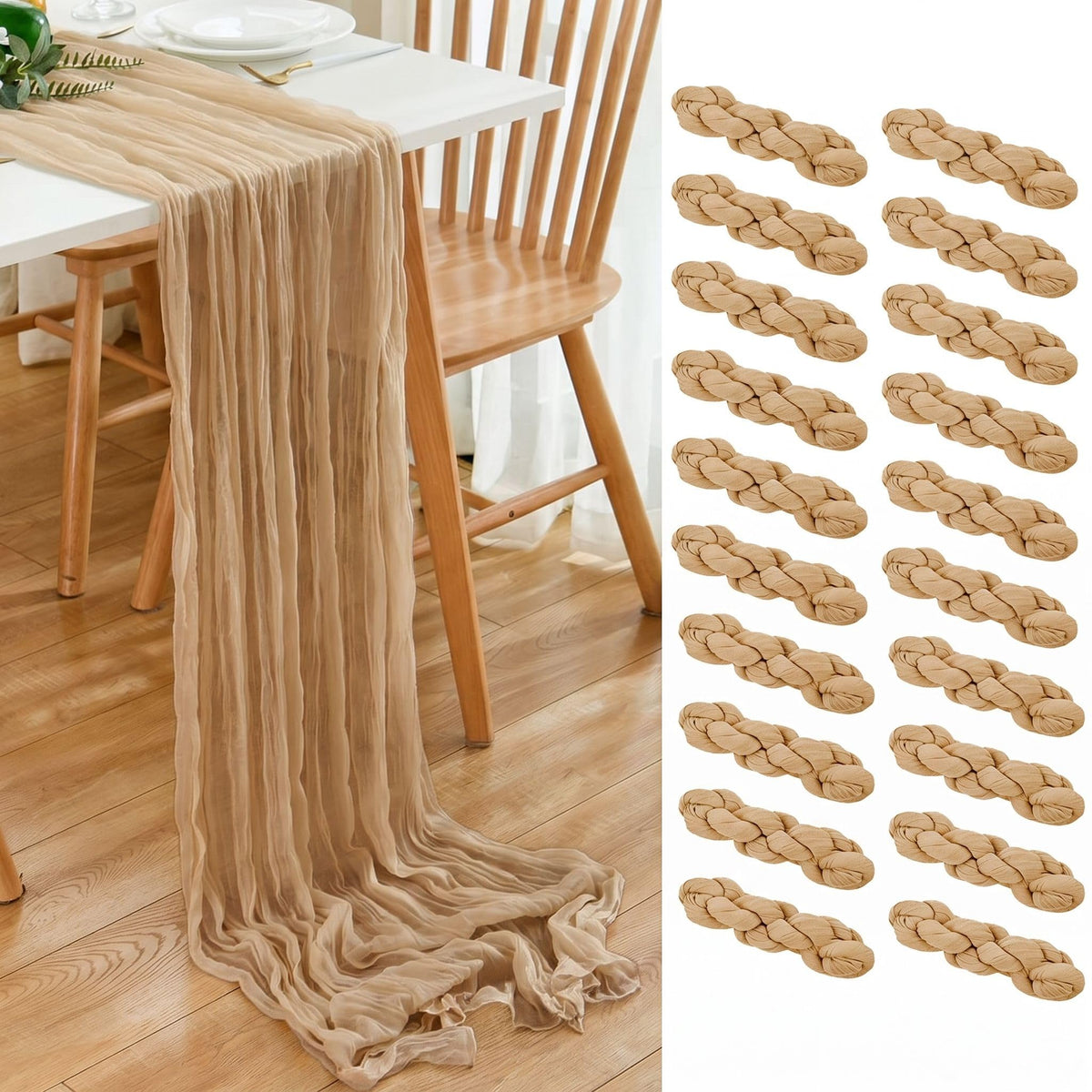 6 Pack Brown 10 Ft Cheesecloth Table Runner 20x120 Inch Boho Wrinkled Sheer Romantic Gauze Decor for Wedding, Bridal Shower, Birthday Party