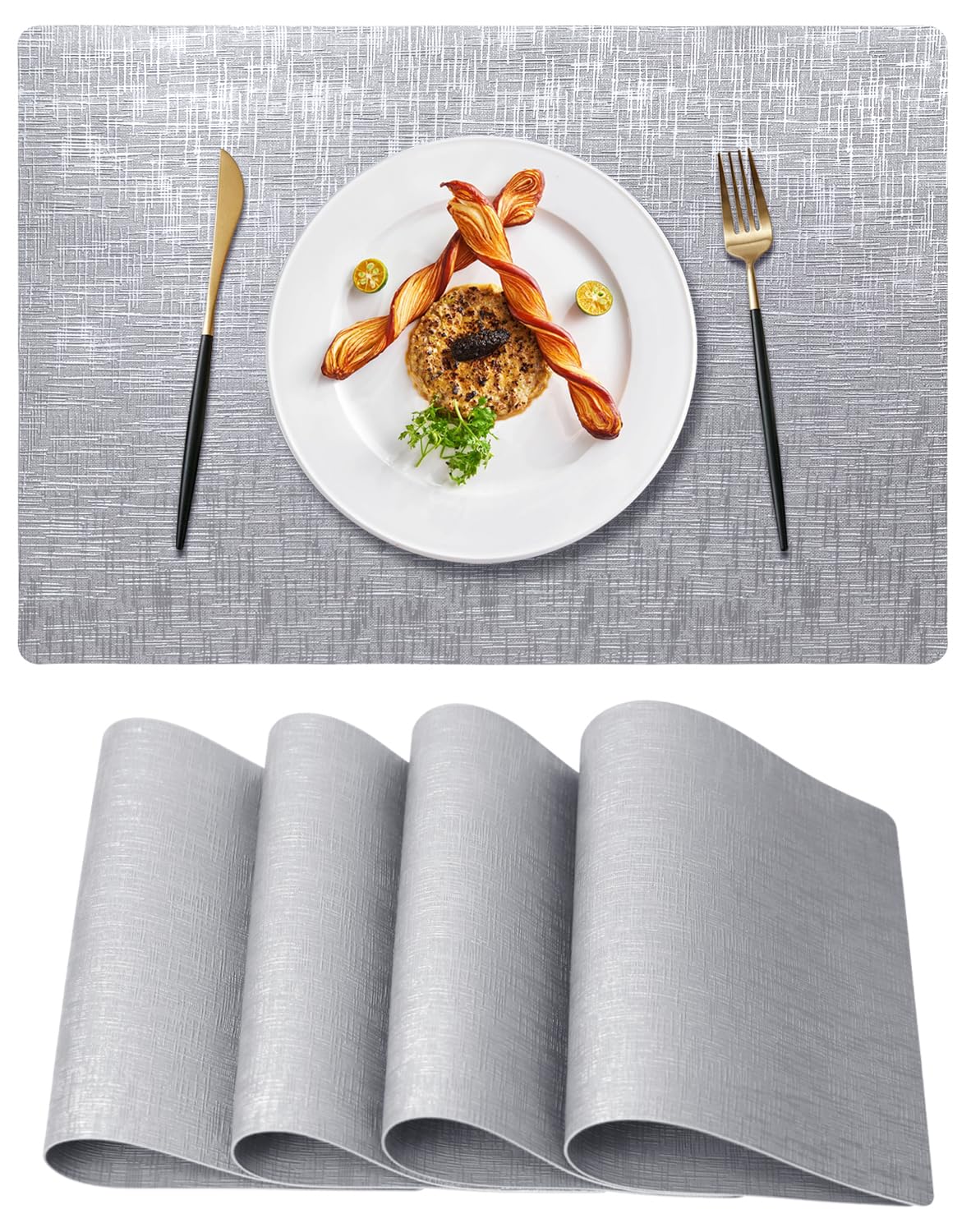 Placemats, Placemats Set of 6, Table Place Mats for Kitchen Dining, Heat-Resistant Anti-Skid Stain Washable PVC Table Mats, Easy to Cleaning Woven Vinyl Dinner Mats (Gold)