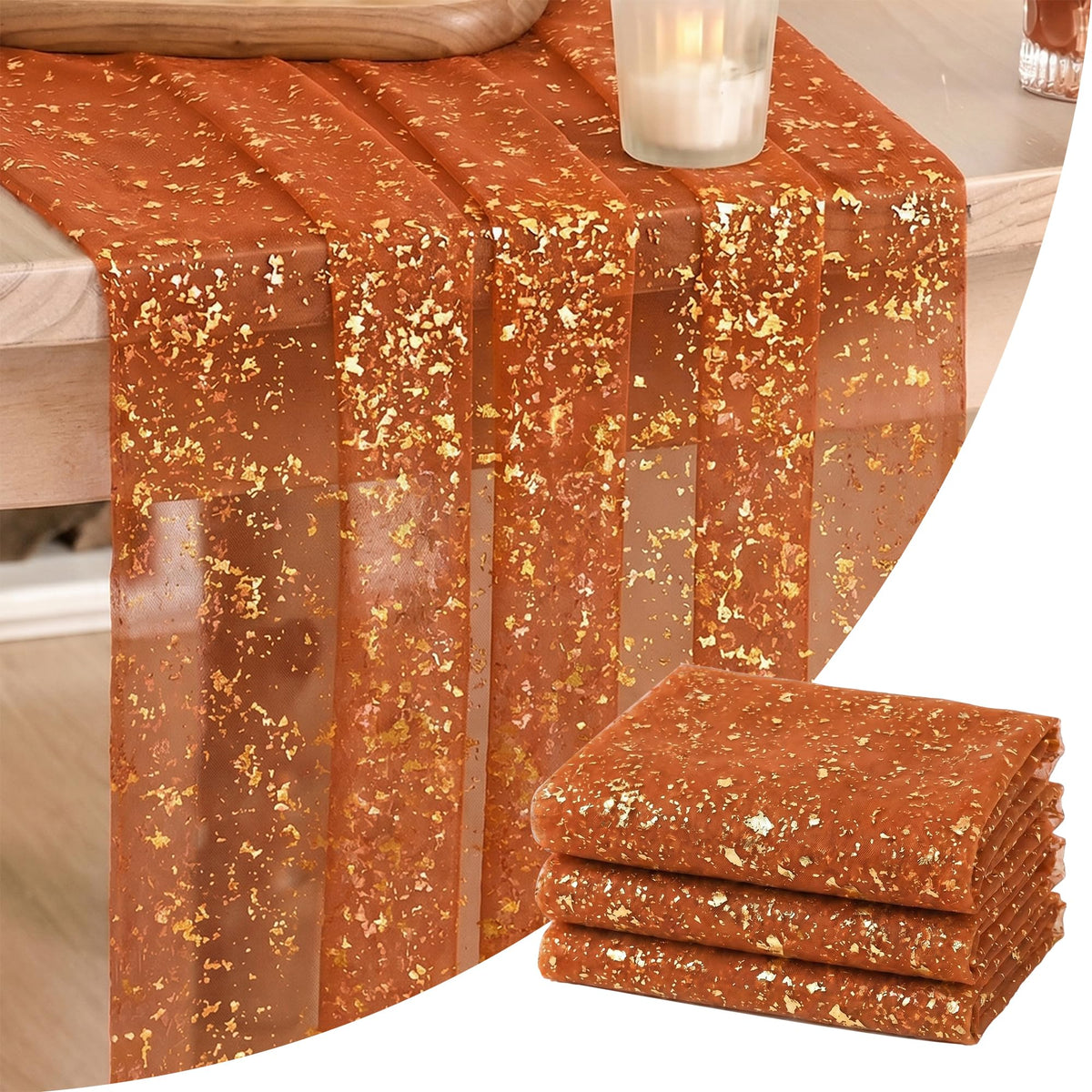 Artoid Mode 6Pcs Beige Gold Gauze Table Runner 120 Inch 10FT, Glitter Metallic Foil Sheer Dining Wedding Anniversary Holiday Birthday Table Decor for Home Party