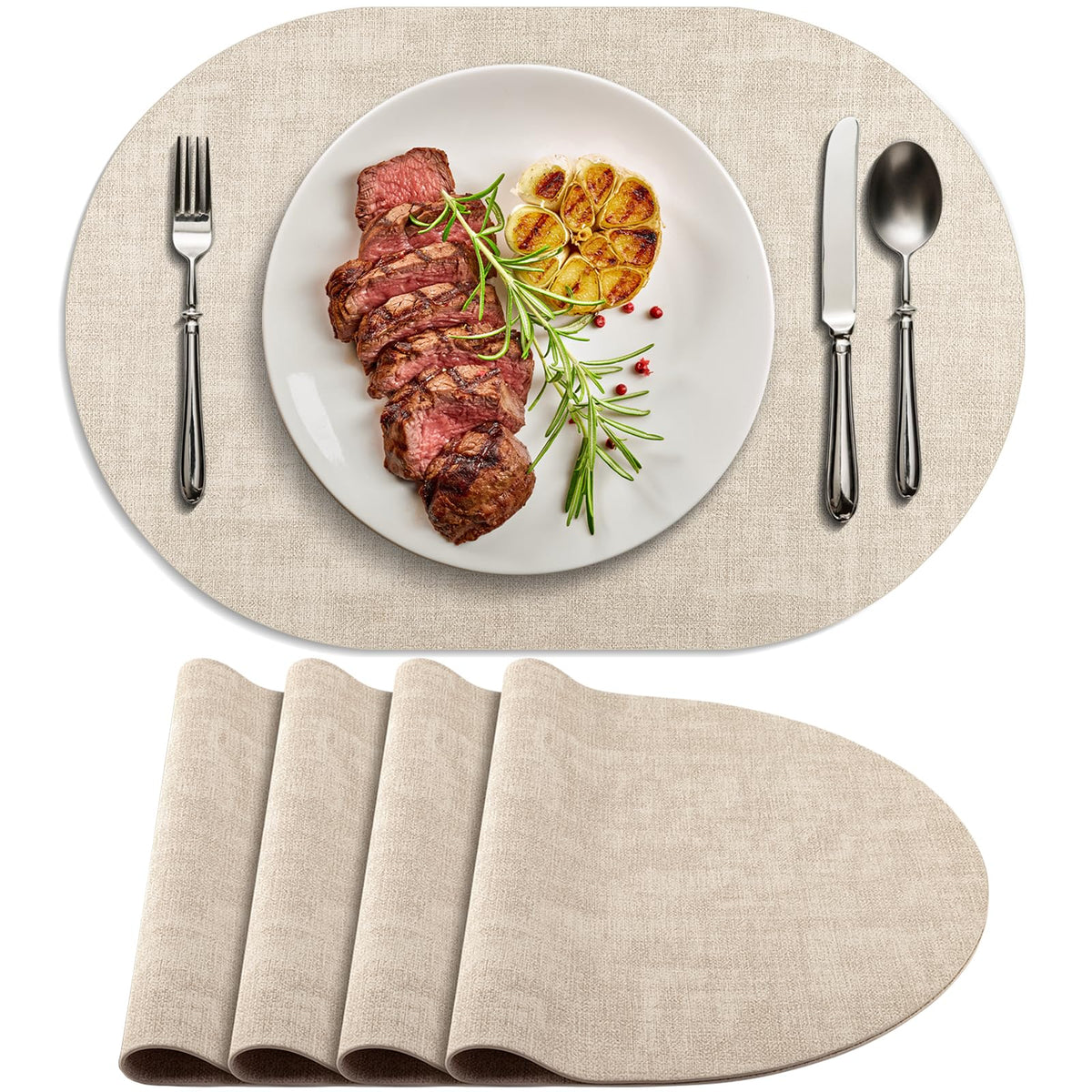 Placemats for Dining Table Set of 8 Non-Slip, Heat Resistant Oval Leather Placemat Double Layer, Waterproof Table Mats Easy to Clean for Kitchen Dining Room Coffee Office Table, Beige