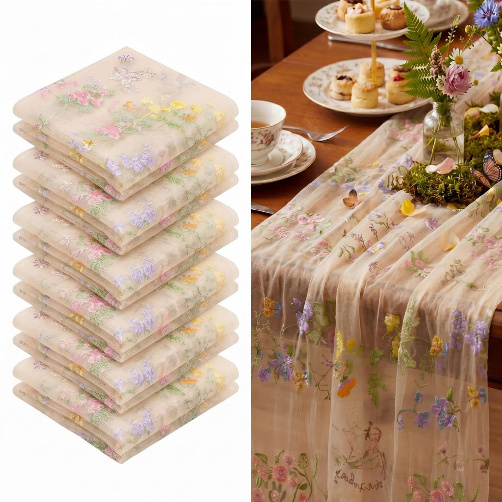 Ivory White Floral Table Runner 10ft Embroidery Tulle Wildflower