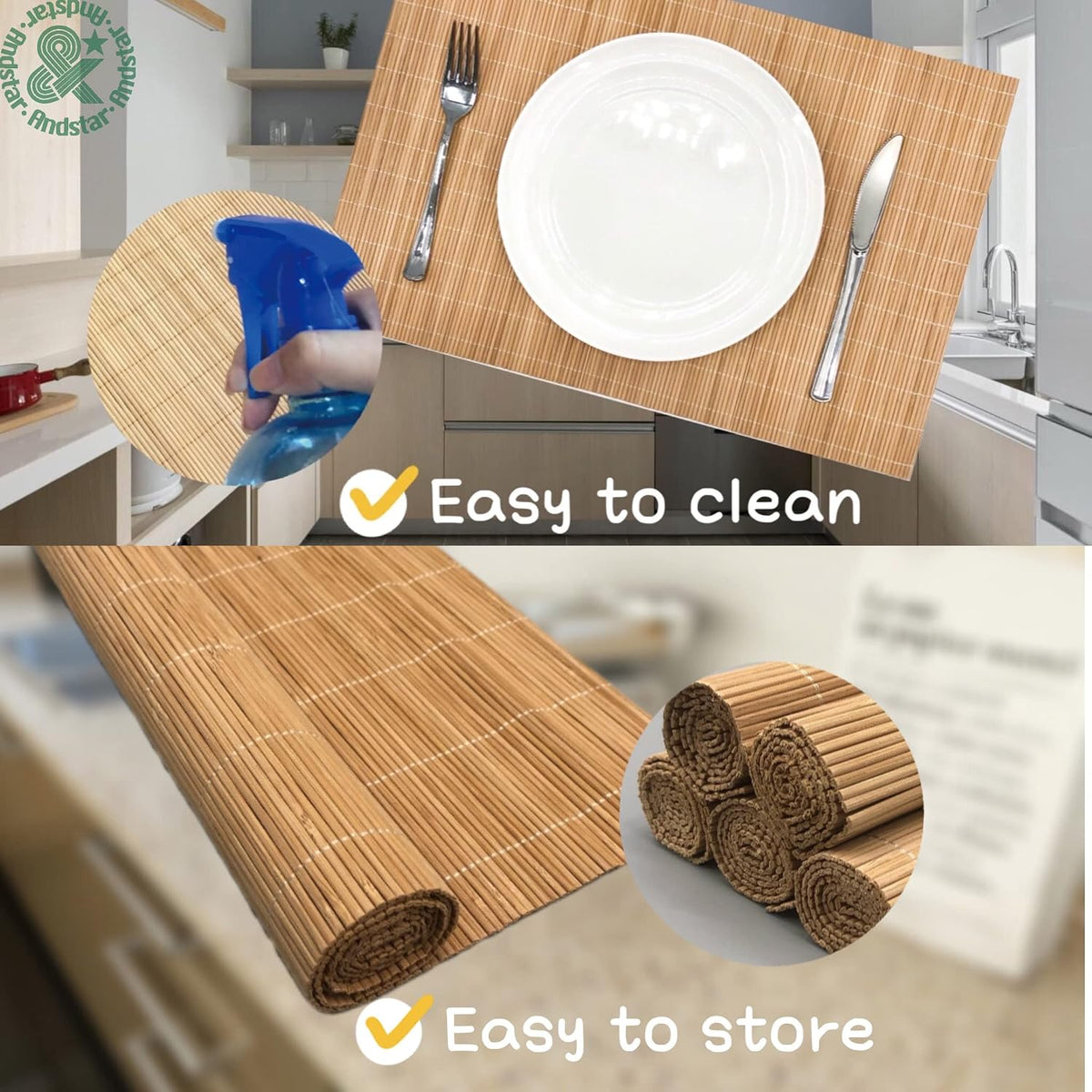 Set of 8 Pcs Bamboo Placemats Sushi Rolling Mat Japanese Style Natural Anti-Slip, Washable Heat-Resistant Table Mats for Dining Room and Kitchen（Brown）