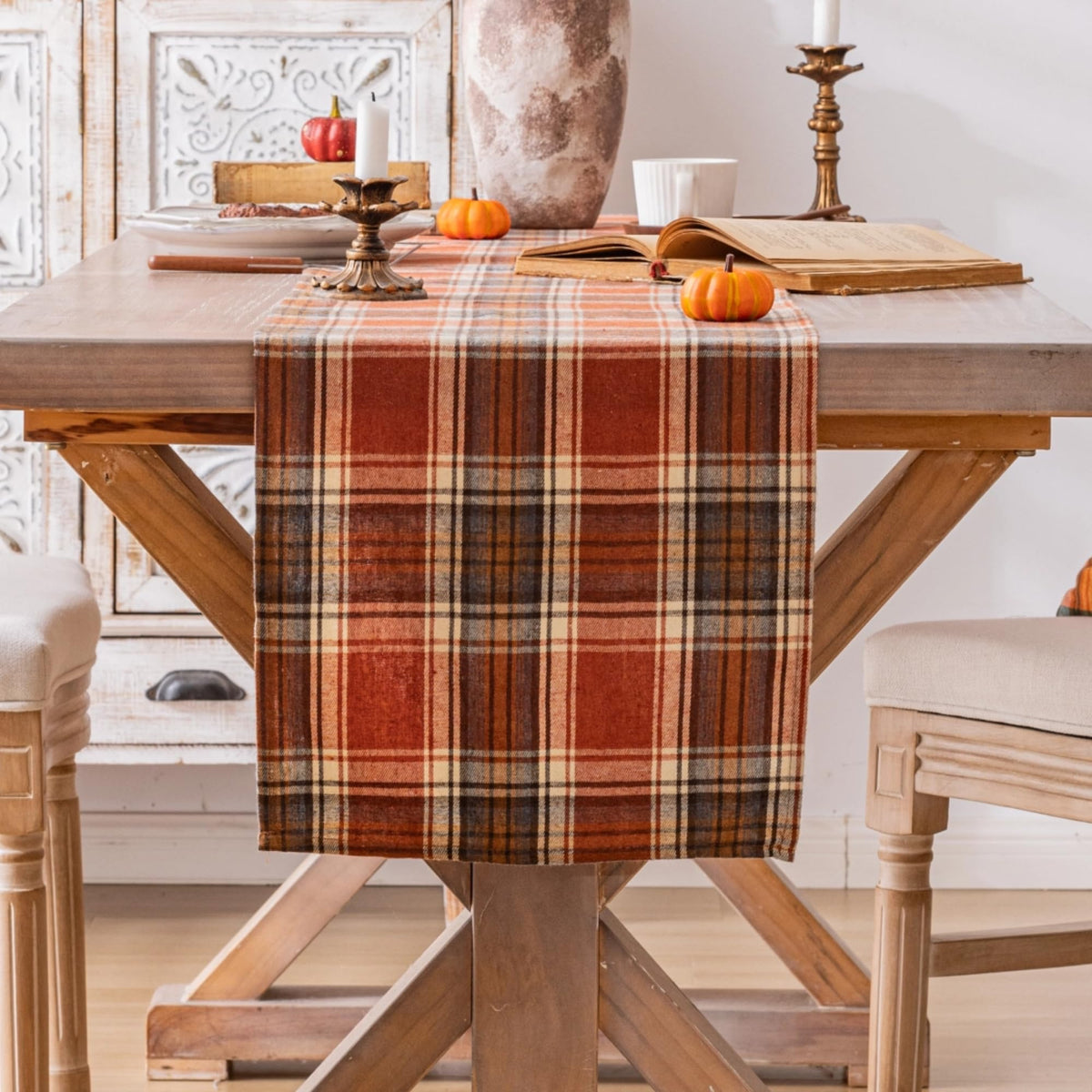 AQOTHES Plaid Fall Thanksgiving Rust Orange Table Runners 36 inches Long