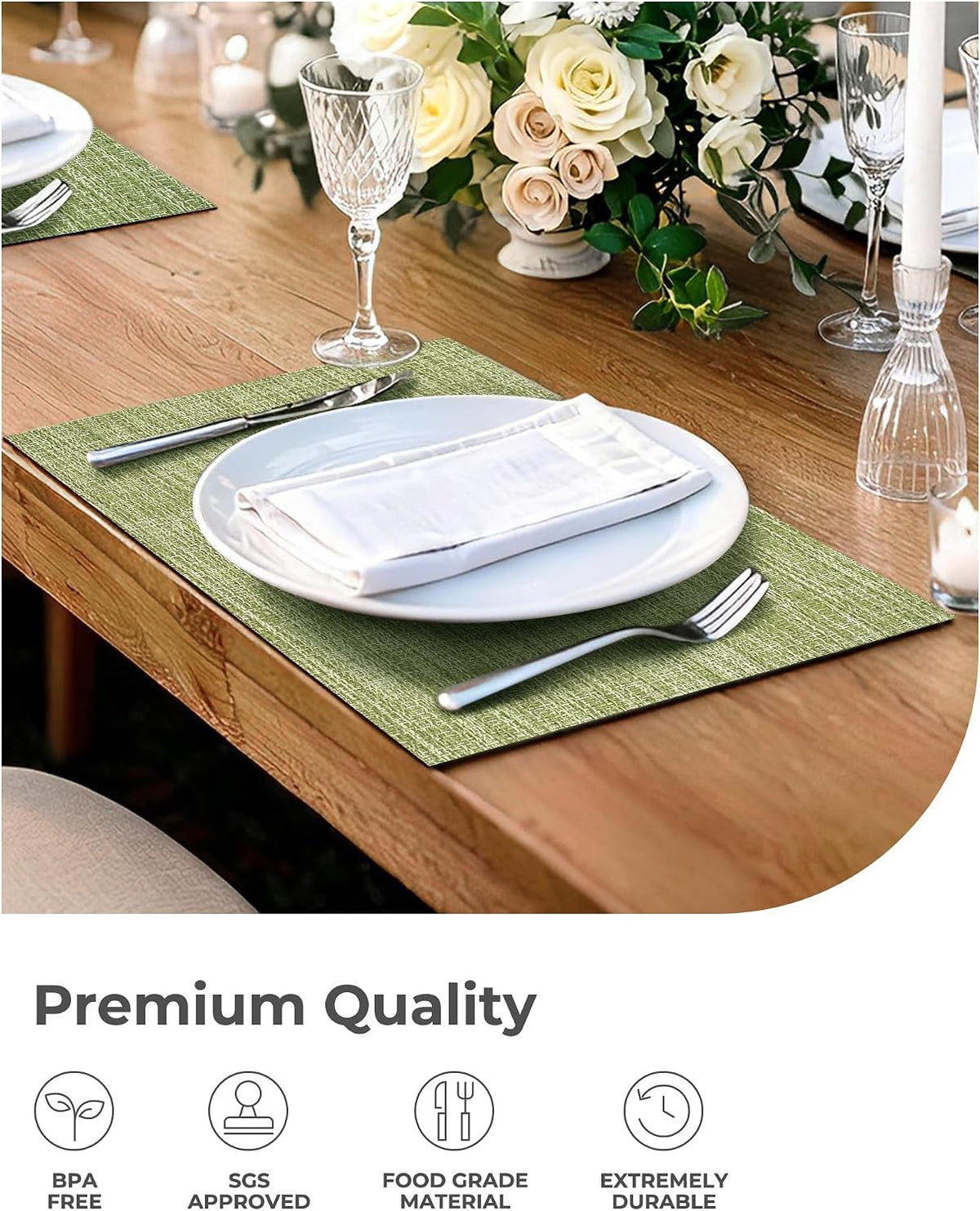Leetaltree Bean Green Woven Placemats Set of 8 - Heat Resistant Non-Slip Place Mats for Dining Table, Washable Durable PVC Table Mats(Bean Green, 8)