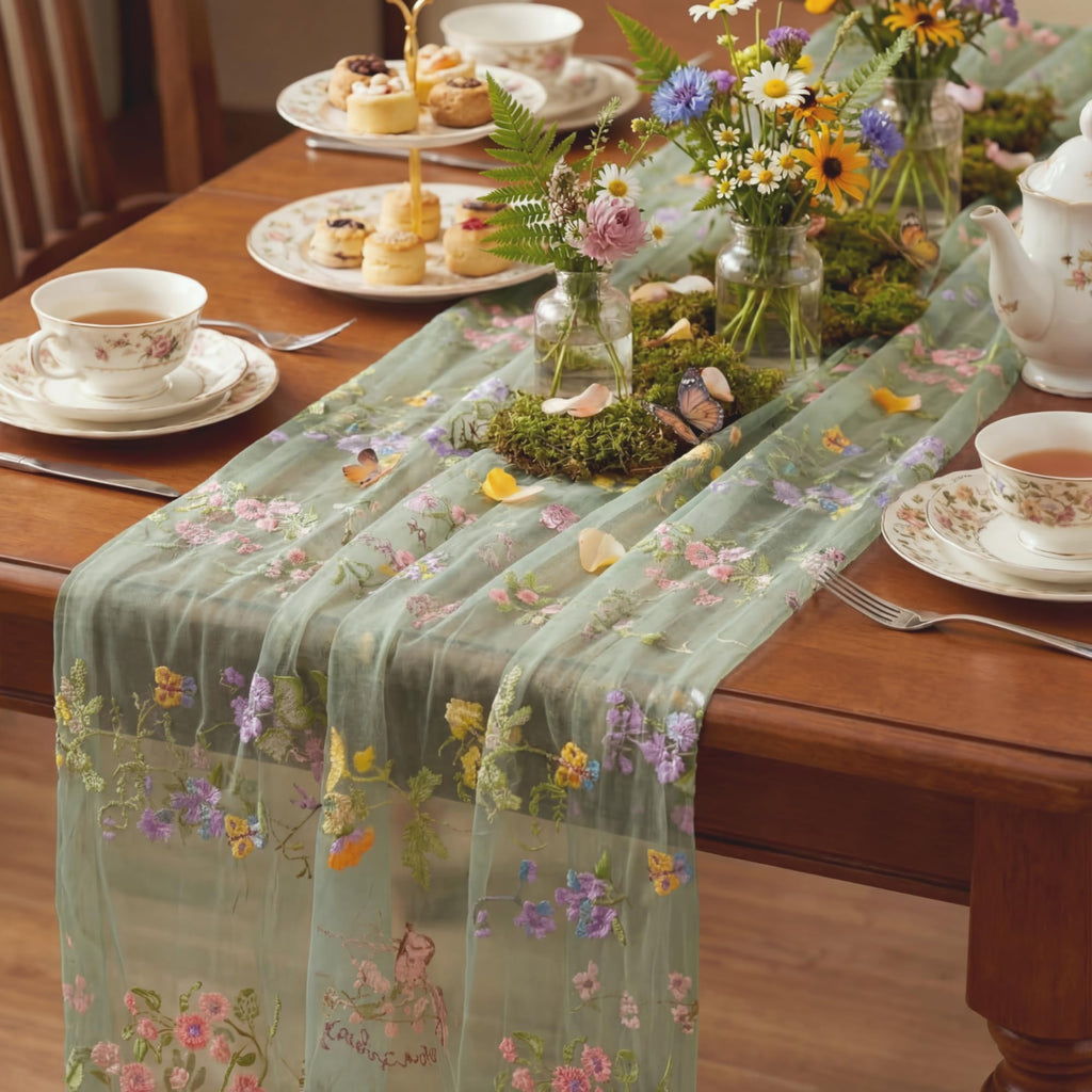 Ivory White Floral Table Runner 10ft Embroidery Tulle Wildflower