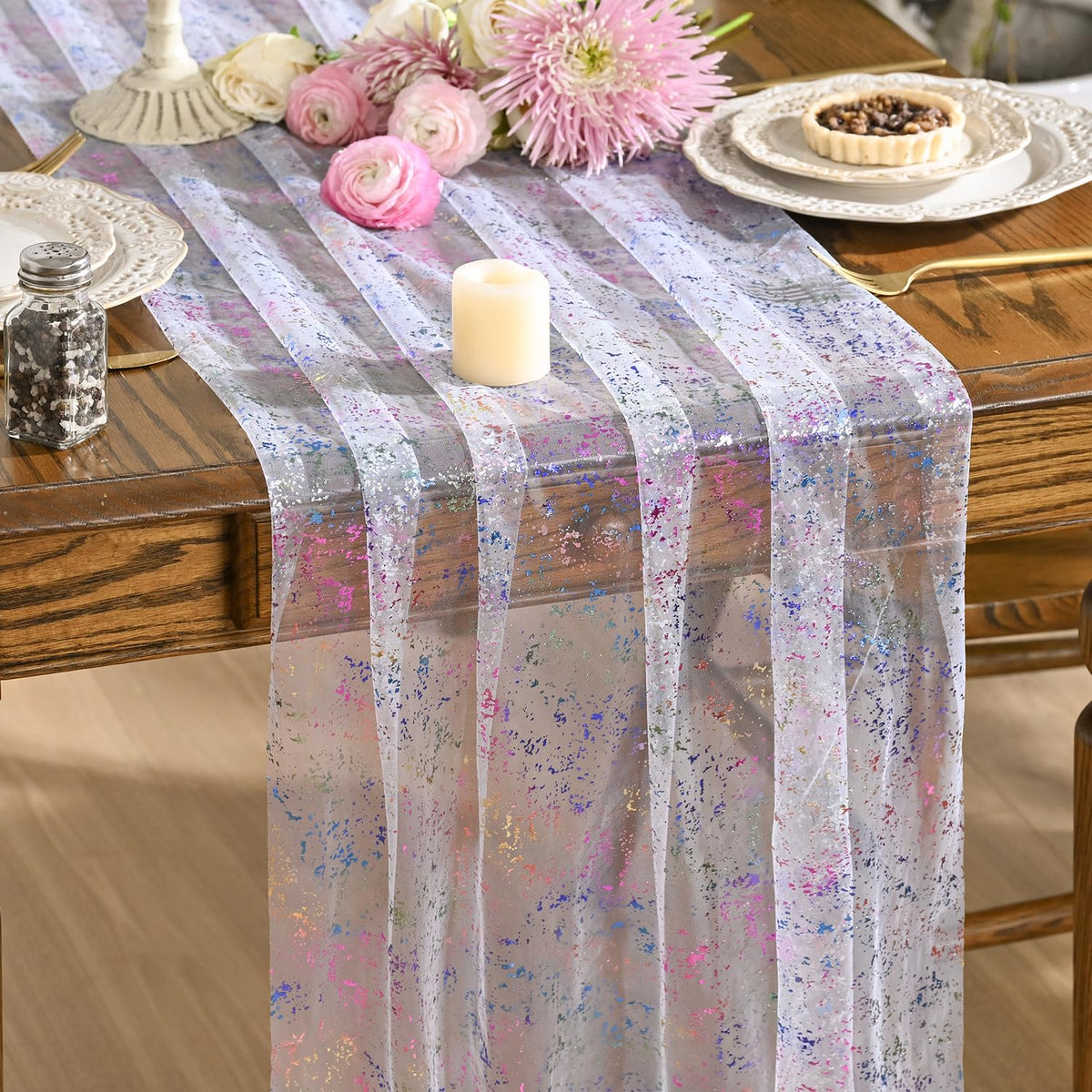 Artoid Mode 6Pcs Beige Gold Gauze Table Runner 120 Inch 10FT, Glitter Metallic Foil Sheer Dining Wedding Anniversary Holiday Birthday Table Decor for Home Party
