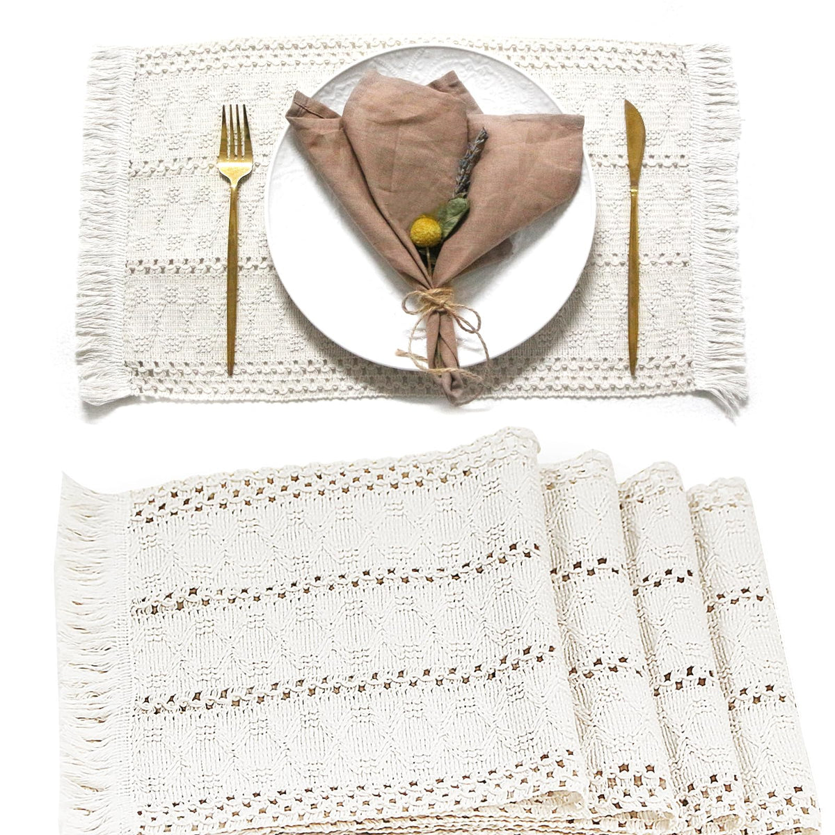 FEXIA Boho Placemats Set of 6, Macrame Table Mats Farmhouse Dining Decor