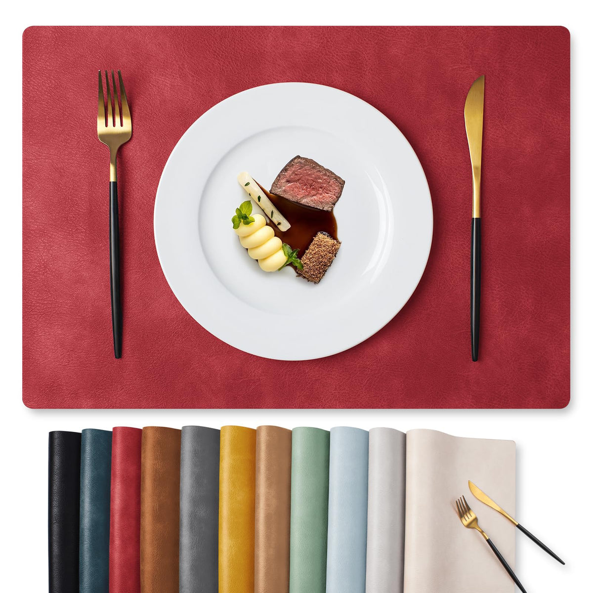 MOSAYT Fall Vinyl Faux Leather Placemats, Set of 6, Reddish Brown