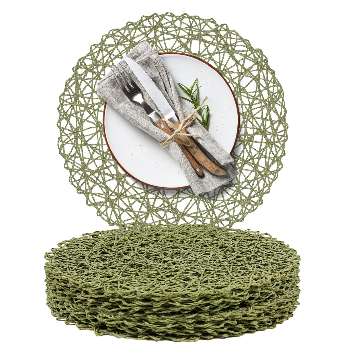 AHHFSMEI Paper Braided Round Placemats Set of 12 Natural Non-Slip Heat Resistant Table Mats for Dining Tables Woven Indoor & Outdoor Place mats(Brown,12)
