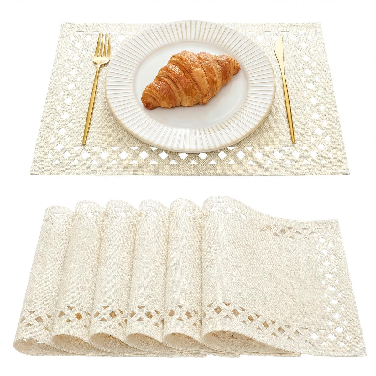 Artoid Mode Farmhouse Placemats Set of 4, Linen Textured Lattice Cutwork Place Mats for Kitchen Dining Table Decor and Outdoor Party, 12 x 18 Inchs, Sage Green