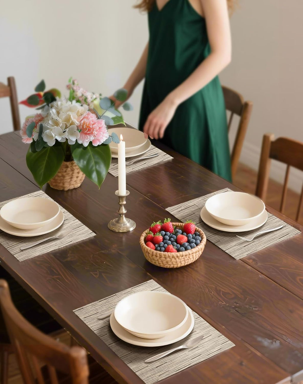 Leetaltree Light Brown Placemats Set of 8 - Heat Resistant Woven Vinyl