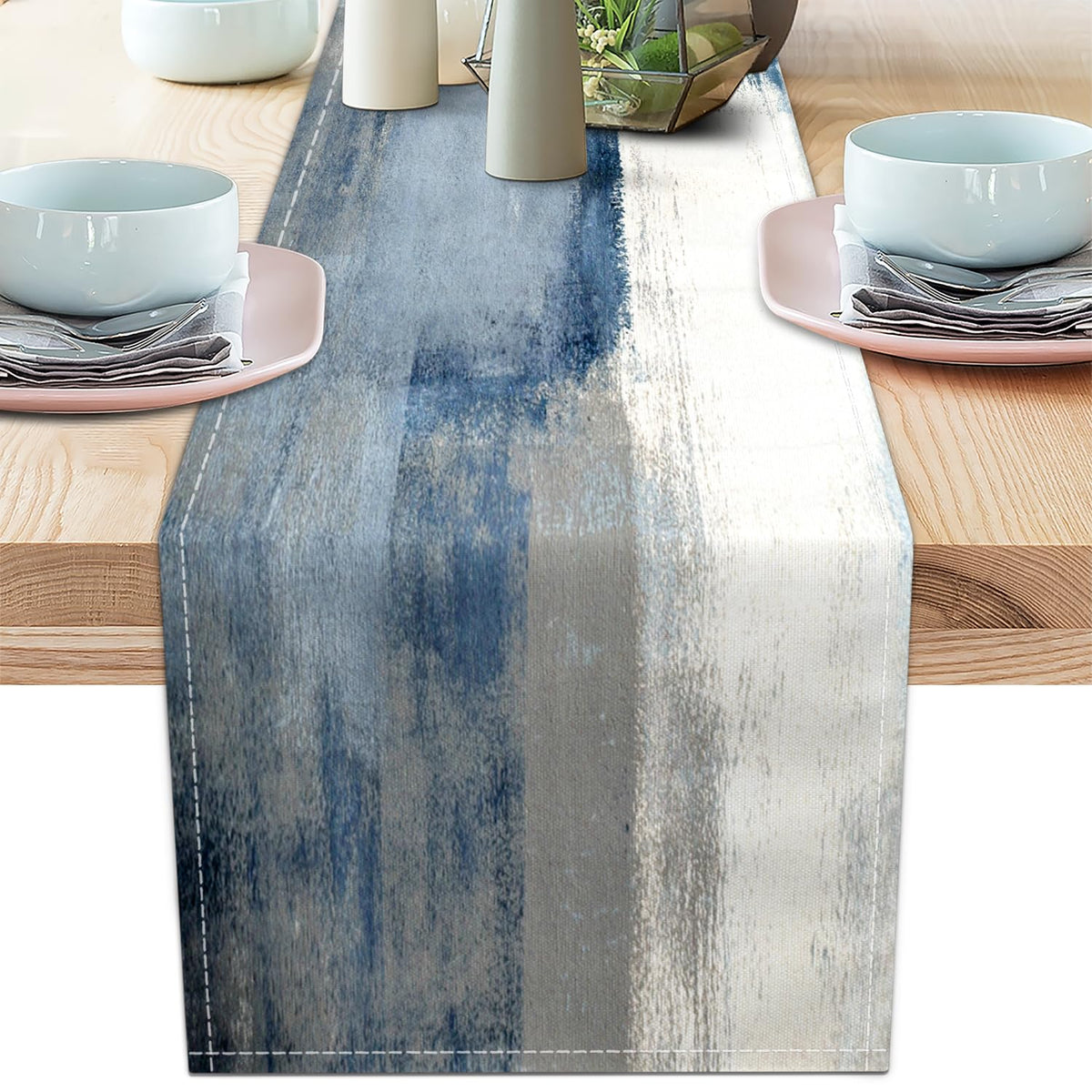 Blue Grey Table Runners Modern Art Farmhouse Linen Table Runners Dresser Scarves Retro Rustic Style for Party Kitchen Dining Table Coffee Holiday Party Decor (Blue Grey, 13"x 71")