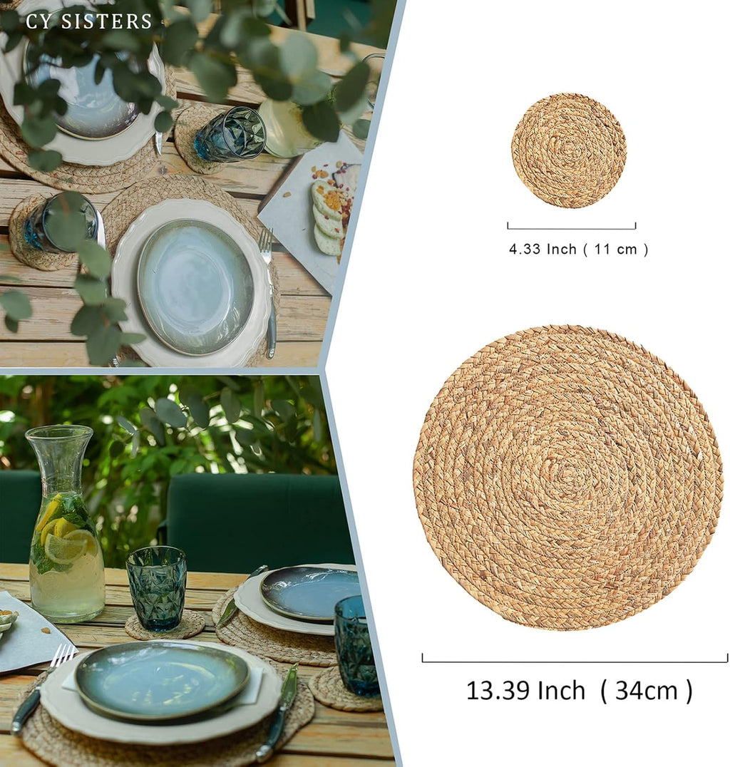 Woven Placemats Round Placemats Set of 6, 13.5 Inch Wicker Placemat Circle Rattan Placemats Farmhouse Boho Braided Natural Water Hyacinth Place Mats for Indoor & Outdoor Table Decor