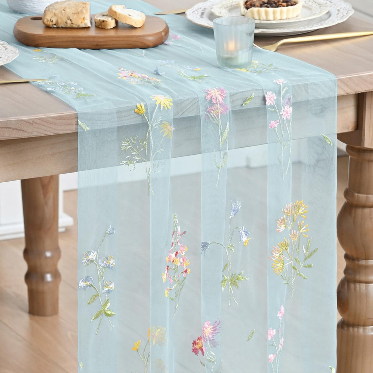 Artoid Mode Floral Apricot Gauze Embroidery Table Runner 120 Inch 10FT