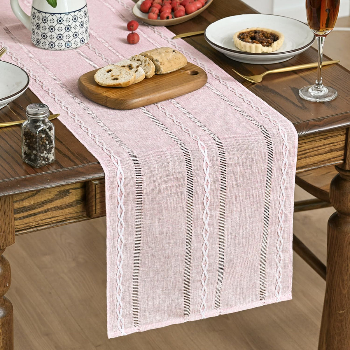 Artoid Mode Brown Rustic Cotton Linen Table Runner, Seasonal Embroidered Hollow Kitchen Dining Table Decoration for Home Party Decor 13x90 Inch