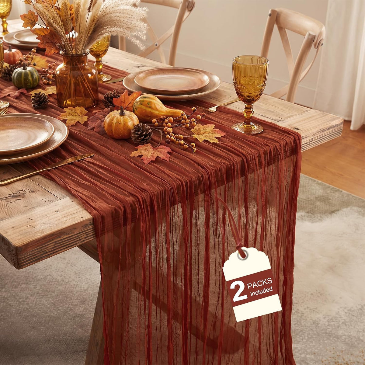 2 Pack Fall Table Runner Terracotta Cheesecloth for Home Thanksgiving Party