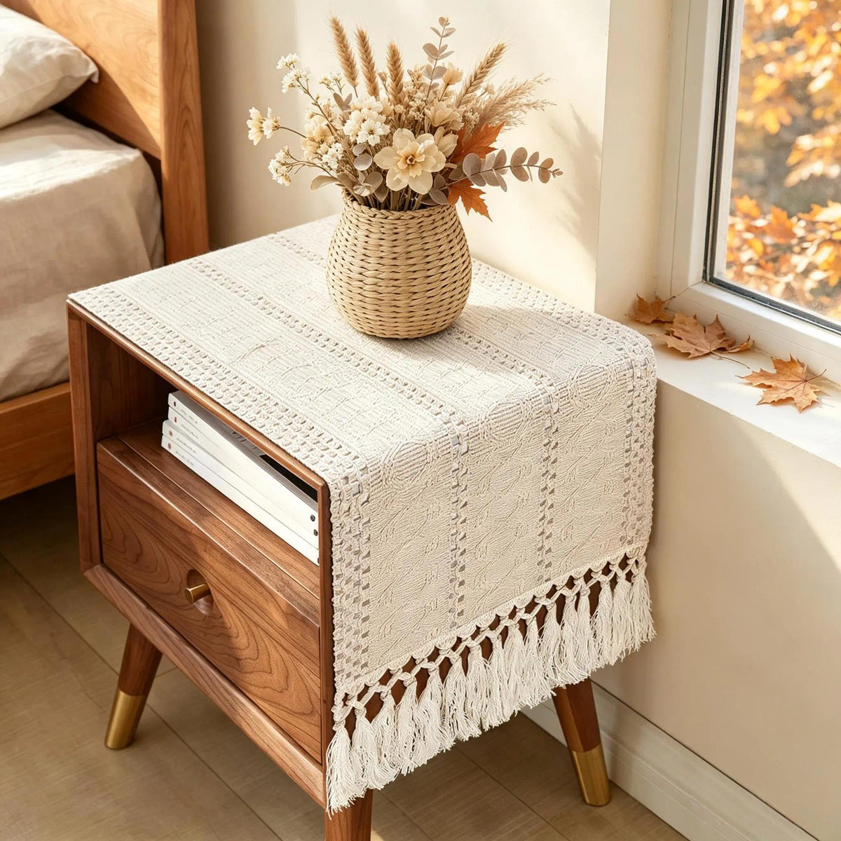 yuboo 36" Boho Macrame Table Runner, Short Cream Coffee Runner, Nightstand