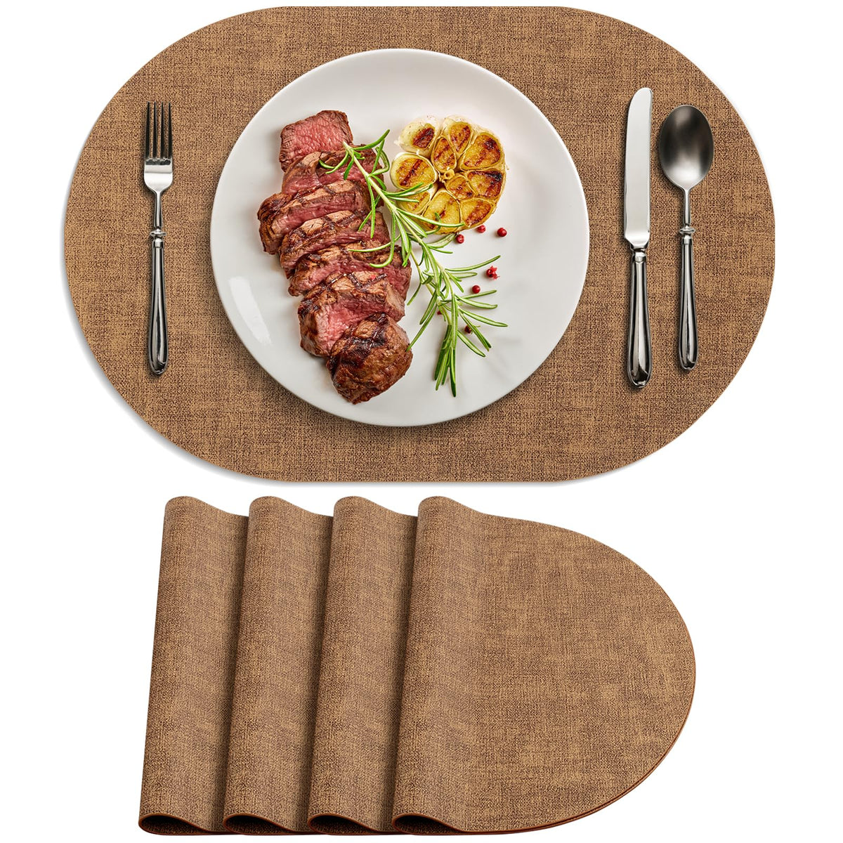 Placemats for Dining Table Set of 8 Non-Slip, Heat Resistant Oval Leather Placemat Double Layer, Waterproof Table Mats Easy to Clean for Kitchen Dining Room Coffee Office Table, Beige