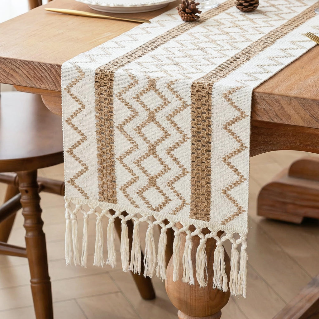 FEXIA Boho Table Runner Fall Burlap Brown Coffee Table Decor 12x72 Inch