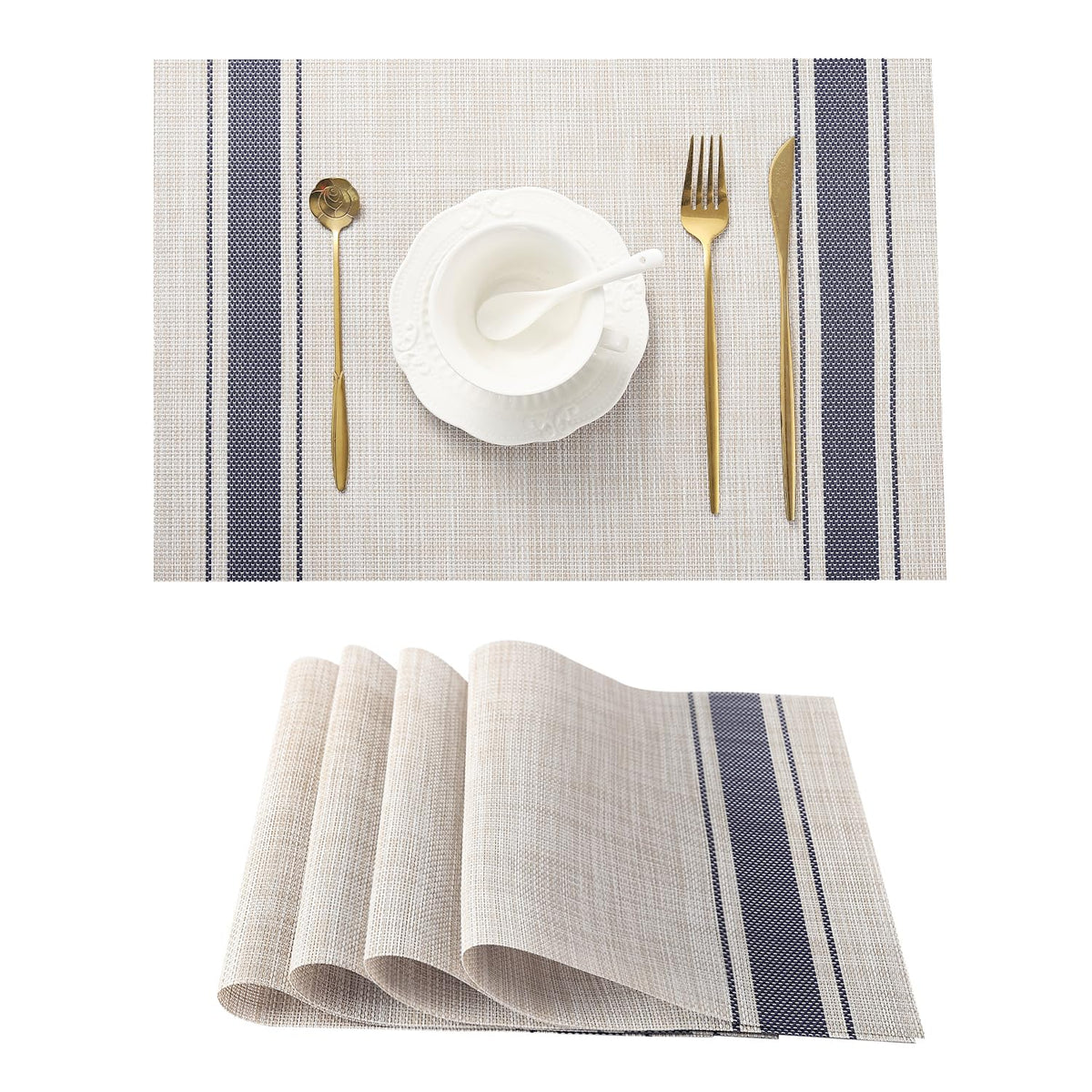 Leetaltree Deep Navy Woven Placemats Set of 6 - Heat Resistant Non-Slip Place mats for Dining Table, Washable Durable PVC Vinyl Woven Table Mats(Deep Navy, 6)