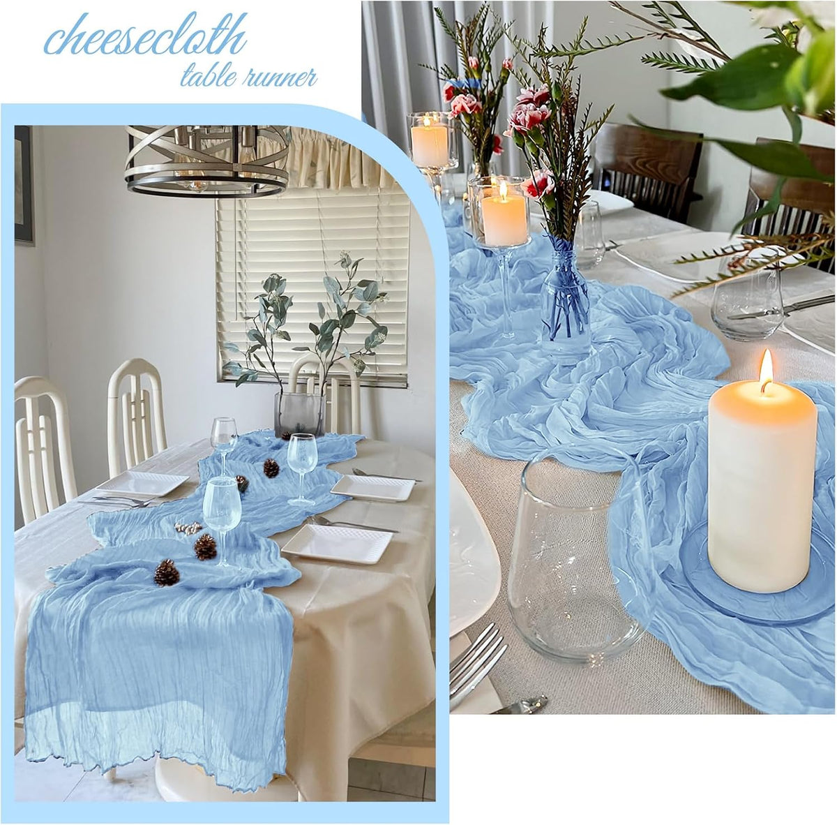 6 Pack Baby Blue Cheesecloth Table Runner 20 x 120 Inch Gauze Table Runner Fabric Semi Sheer Cheese Cloth Table Decor Bulk for Rustic Romantic Wedding Baby Shower Party Table Decoration