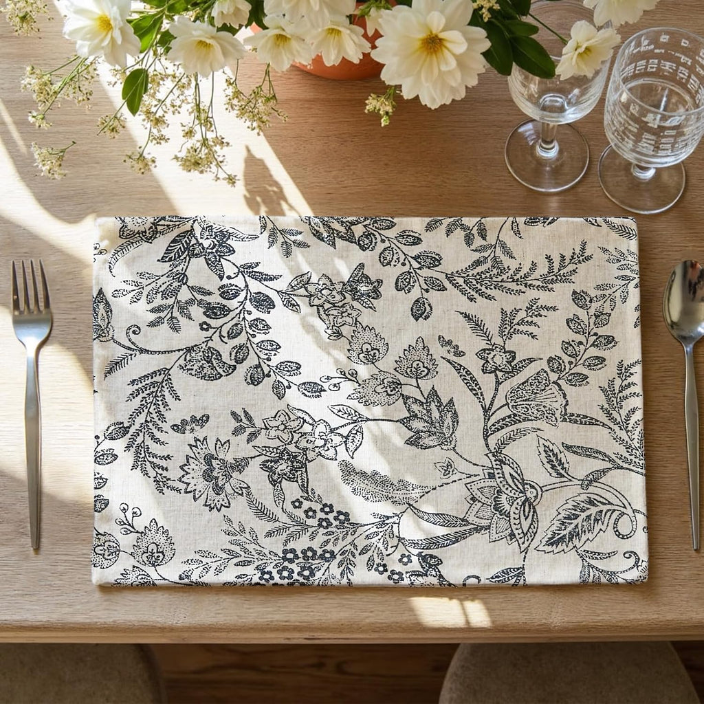 JINCHAN Linen Floral Placemats Set of 4 Farmhouse 13x19 Inch Black