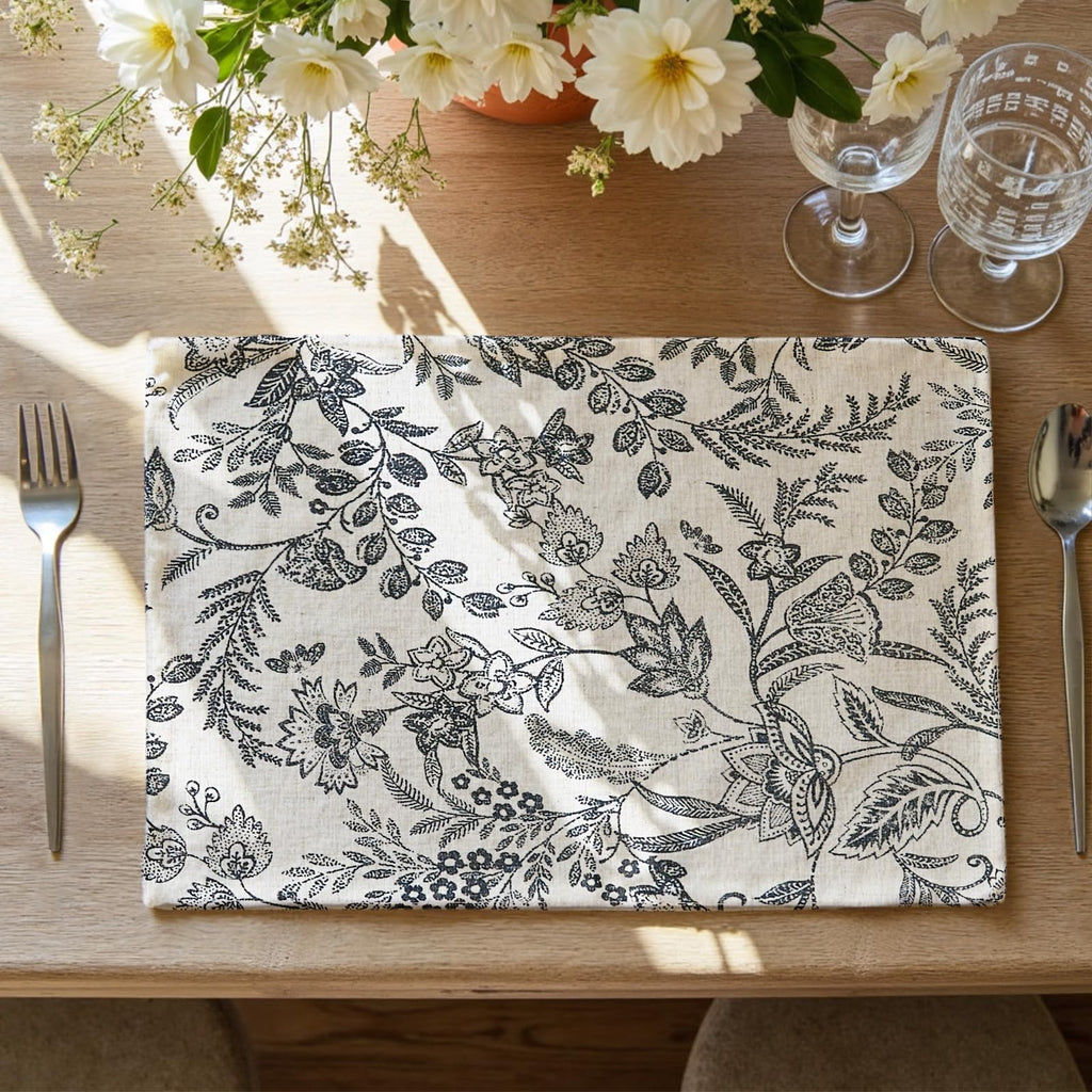 JINCHAN Linen Floral Placemats Set of 4 Farmhouse 13x19 Inch Black