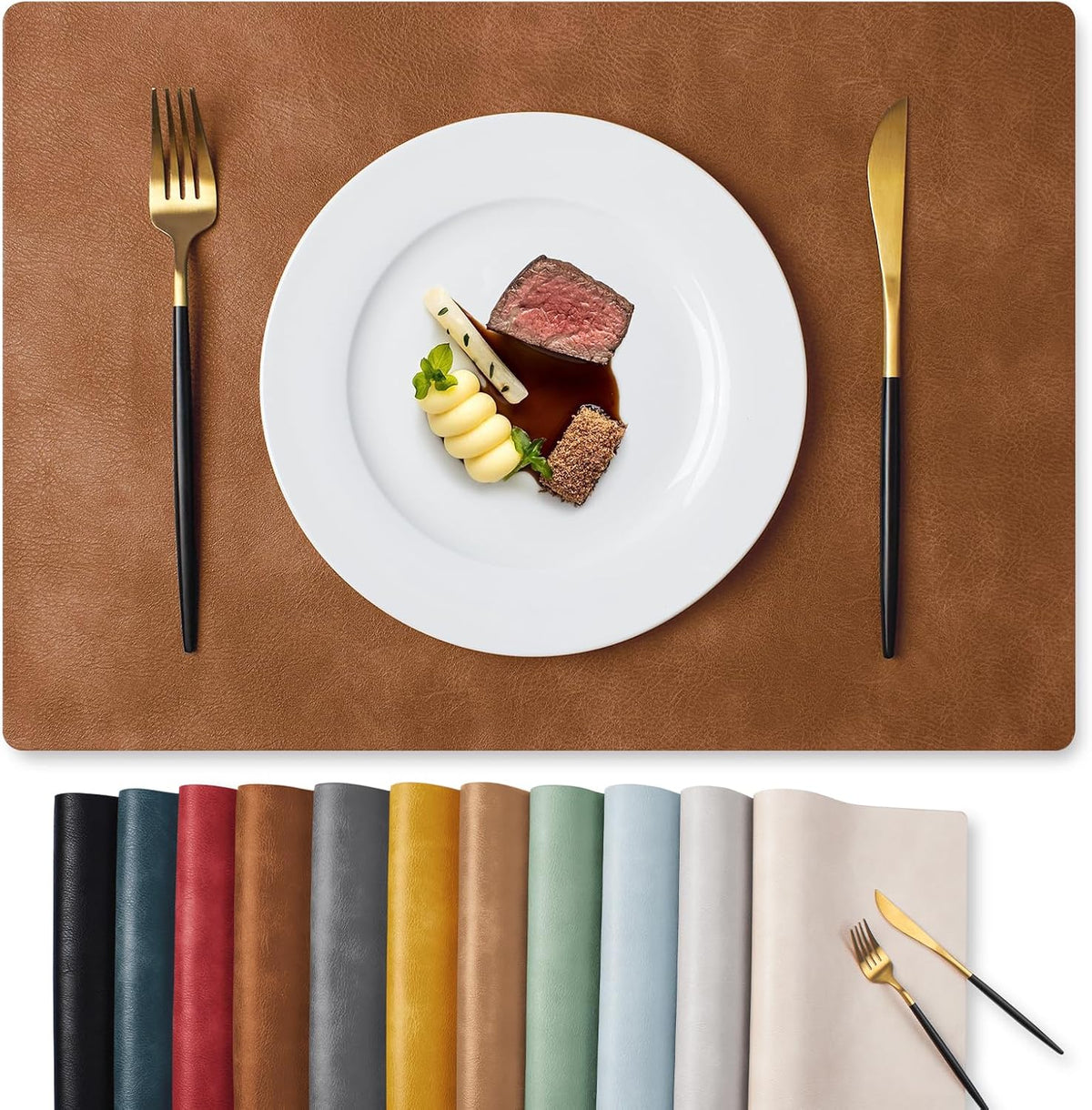 MOSAYT Fall Vinyl Faux Leather Placemats, Set of 6, Reddish Brown